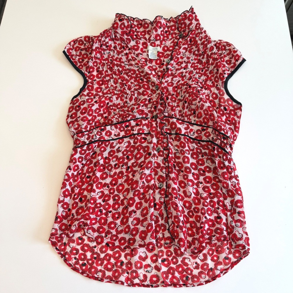Odille Anthropologie Red Floral Silk Ruffle Neck Cap Sleeve Blouse Size 4